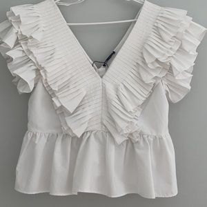White Zara ruffled plunge blouse